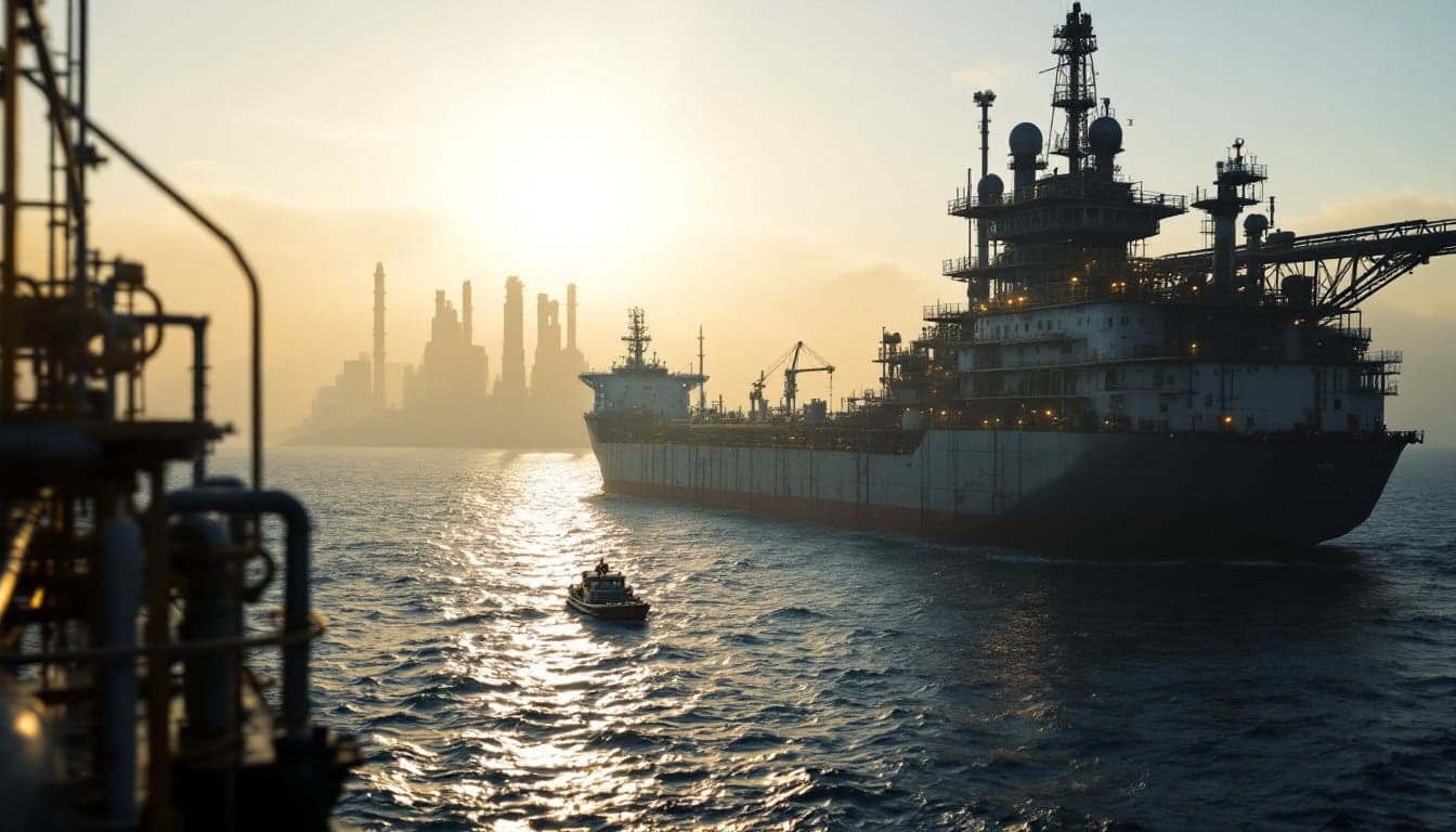 A financial analyst reviews oil price forecast charts on a trading terminal, with offshore production infrastructure visible in the background.