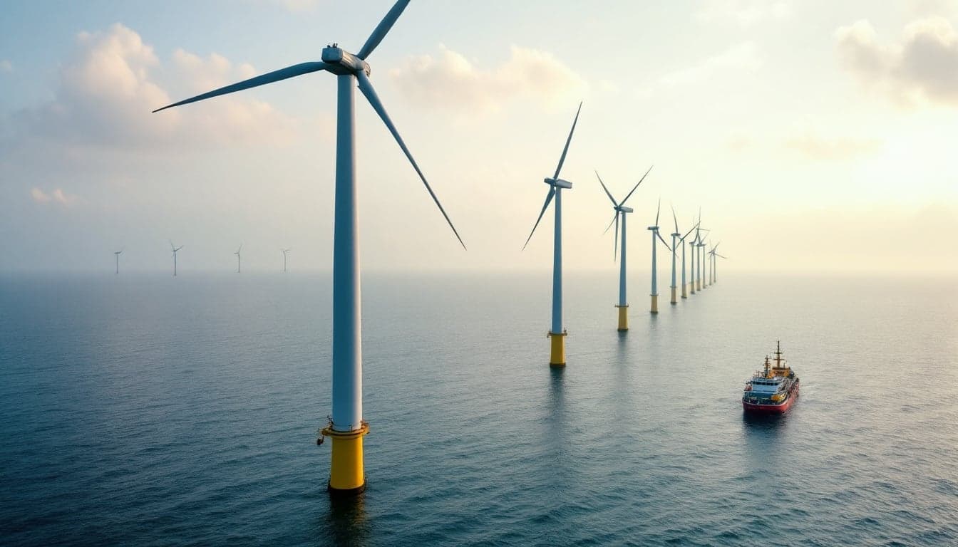 A cable-lay vessel deploying a high-voltage subsea cable at sea, with the cable entering the water from the stern reel system.