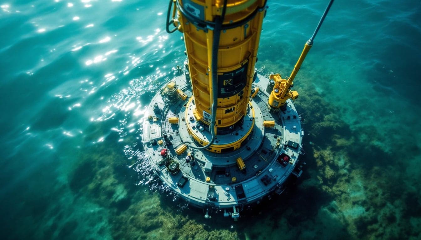 An ROV approaches a subsea pipeline end termination during a deepwater tie-in operation, with the seafloor visible in the background.