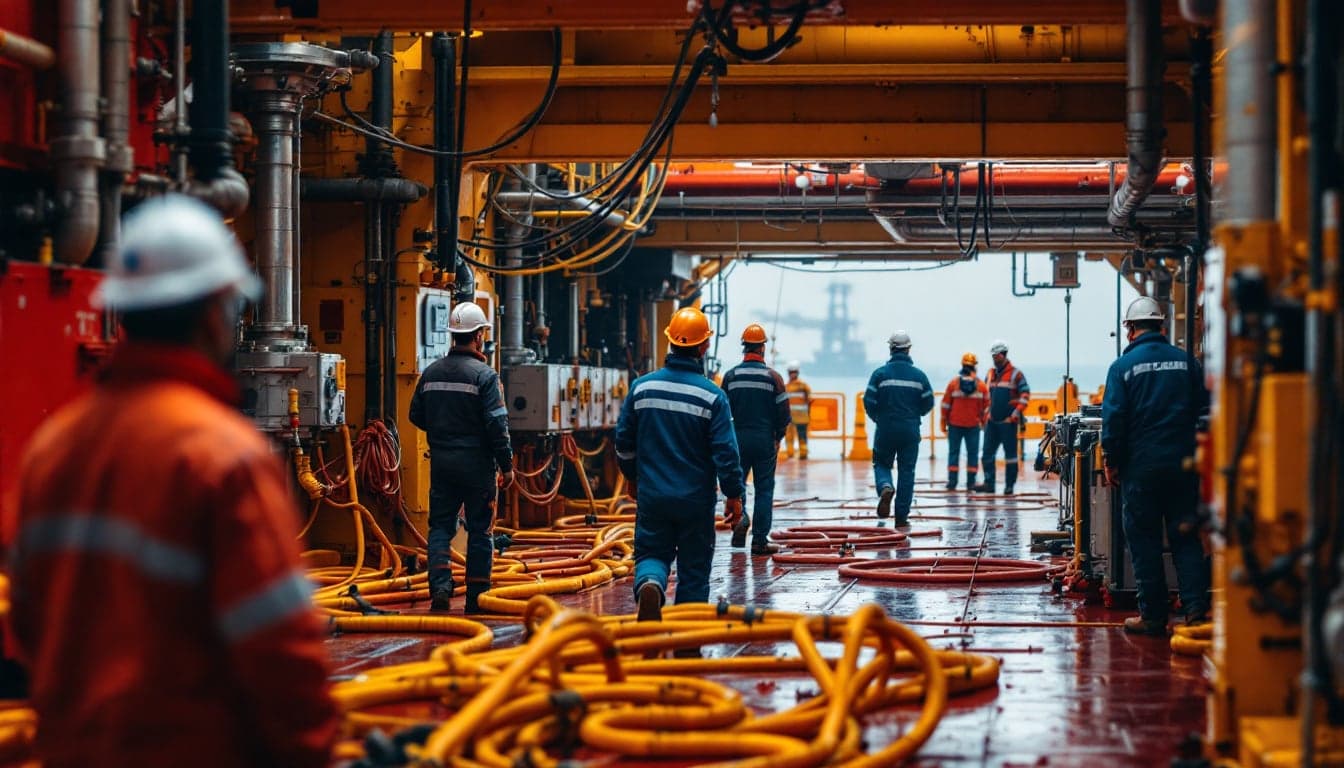 Workers at an LNG processing facility during an industrial action, with gas processing modules visible in the background.