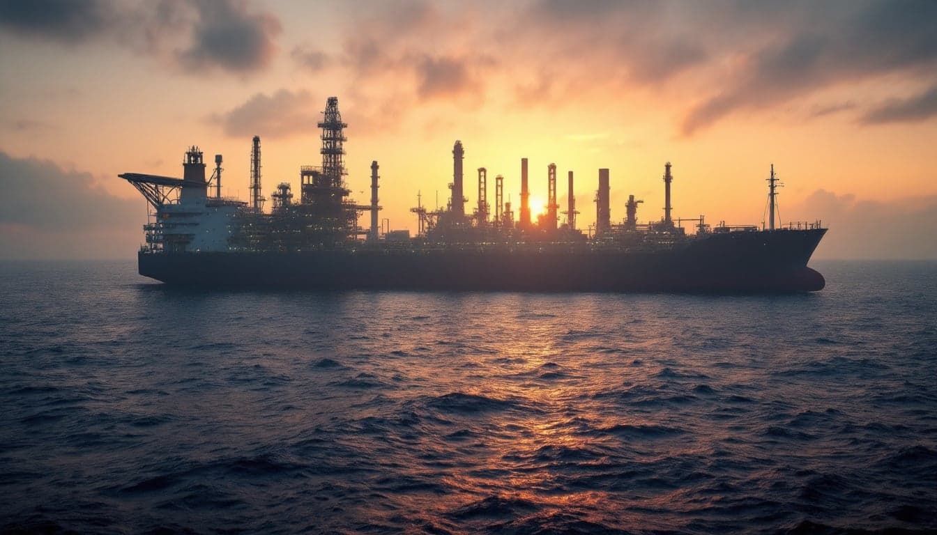 A large crude oil tanker at sea with refinery infrastructure visible in the background, representing global crude import flows affected by Middle East price pressures.