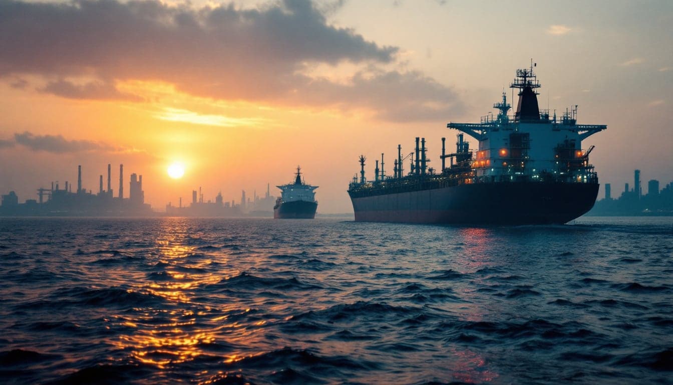 An oil tanker navigating open waters under an overcast sky, representing constrained crude export flows from a major producing nation.