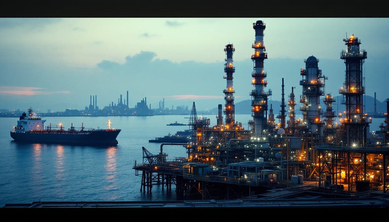 A crude oil tanker transiting a major export terminal, representing the resumption of Iraqi seaborne oil exports following Hormuz disruption.