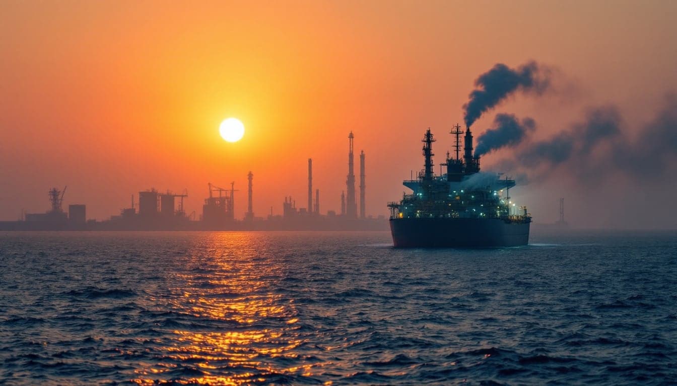 A laden crude oil tanker transiting a strategic shipping channel, with an orange sky reflecting geopolitical tension in the background.