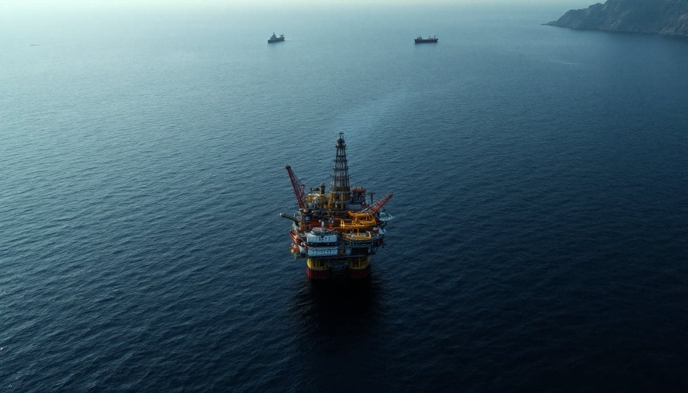 An offshore natural gas production platform operating in calm blue Mediterranean waters under clear skies, representing upstream exploration activity in the region.
