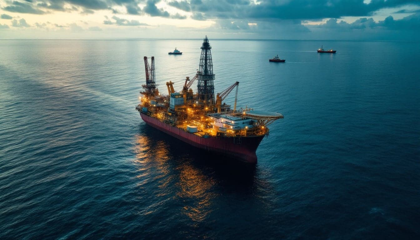 An offshore exploration drilling vessel operating in Caribbean waters, representing Jamaica's early-stage assessment of domestic hydrocarbon potential.