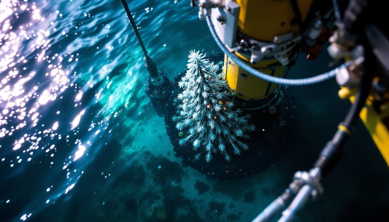 A specialized subsea trenching support vessel deploying cable burial equipment over the stern in open ocean conditions.