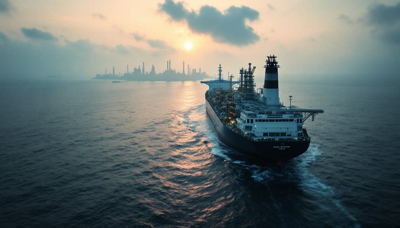 A VLCC crude oil tanker underway in open ocean, representing long-haul supply routes from Brazilian deepwater fields to Asian import markets.