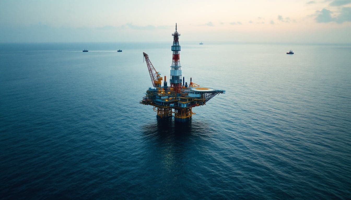 An offshore drilling rig operating in calm waters, representing exploratory drilling activities in the offshore Hidaka area of Hokkaido, Japan.