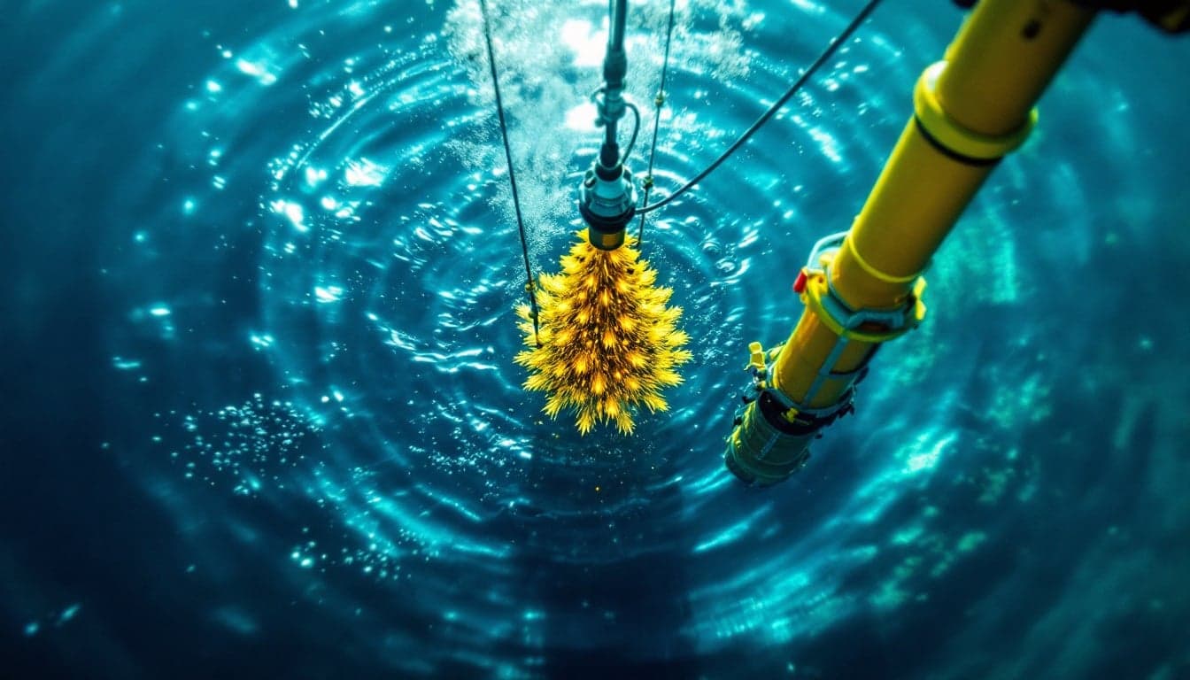 A subsea umbilical assembly being prepared for re-termination and testing aboard an offshore support vessel, with technicians in PPE working at a controlled workstation.