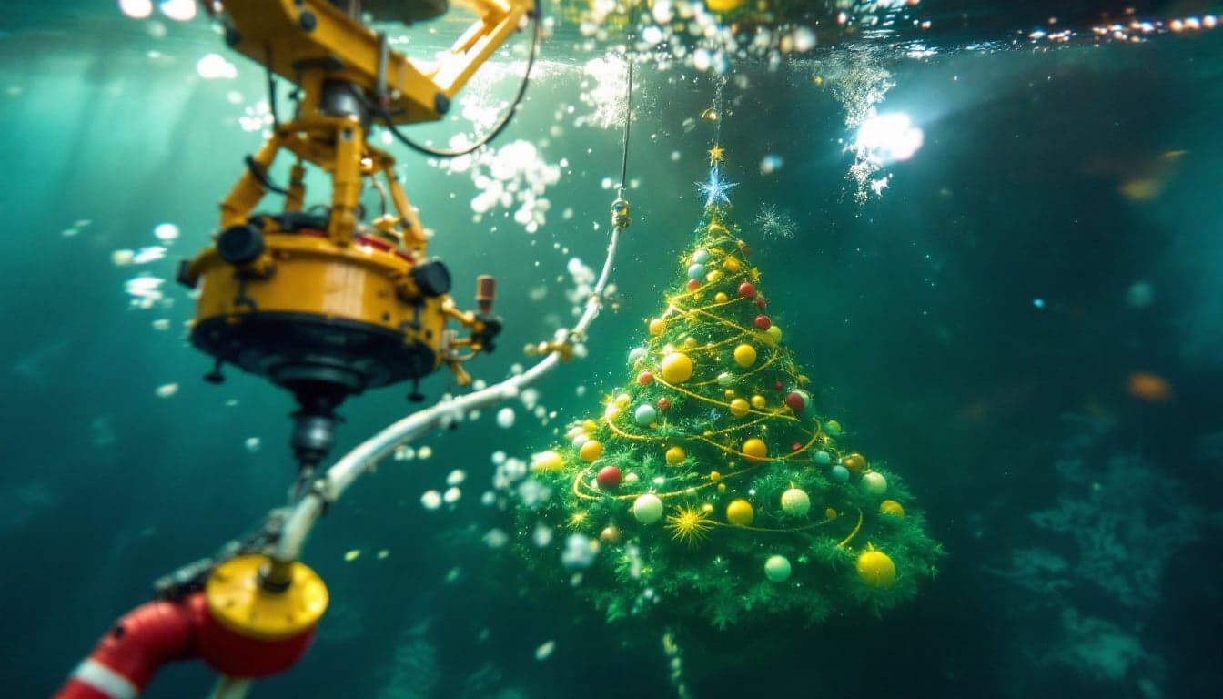 A large umbilical spool being handled on an offshore support vessel deck, with subsea equipment visible in the background.