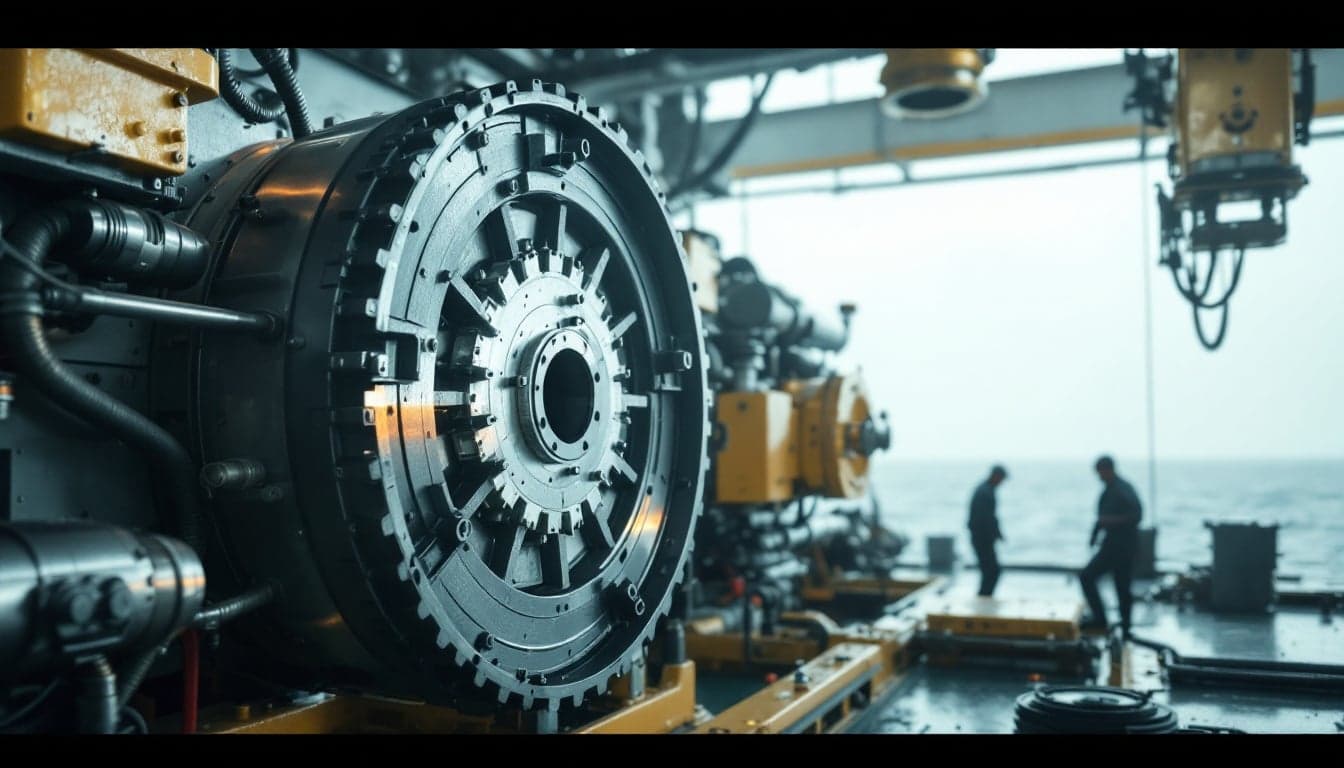 Close-up view of an azimuth thruster pod mounted beneath an offshore support vessel hull, showing the rotating propulsion unit used in dynamic positioning operations.