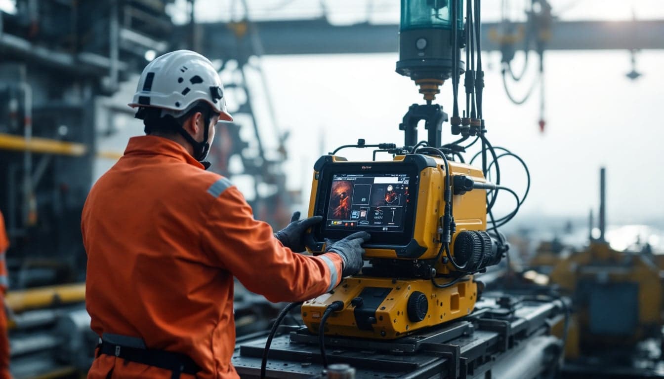 A professional-grade lightweight ROV positioned near a subsea structure during an inspection operation, with sensor equipment visible on the vehicle frame.