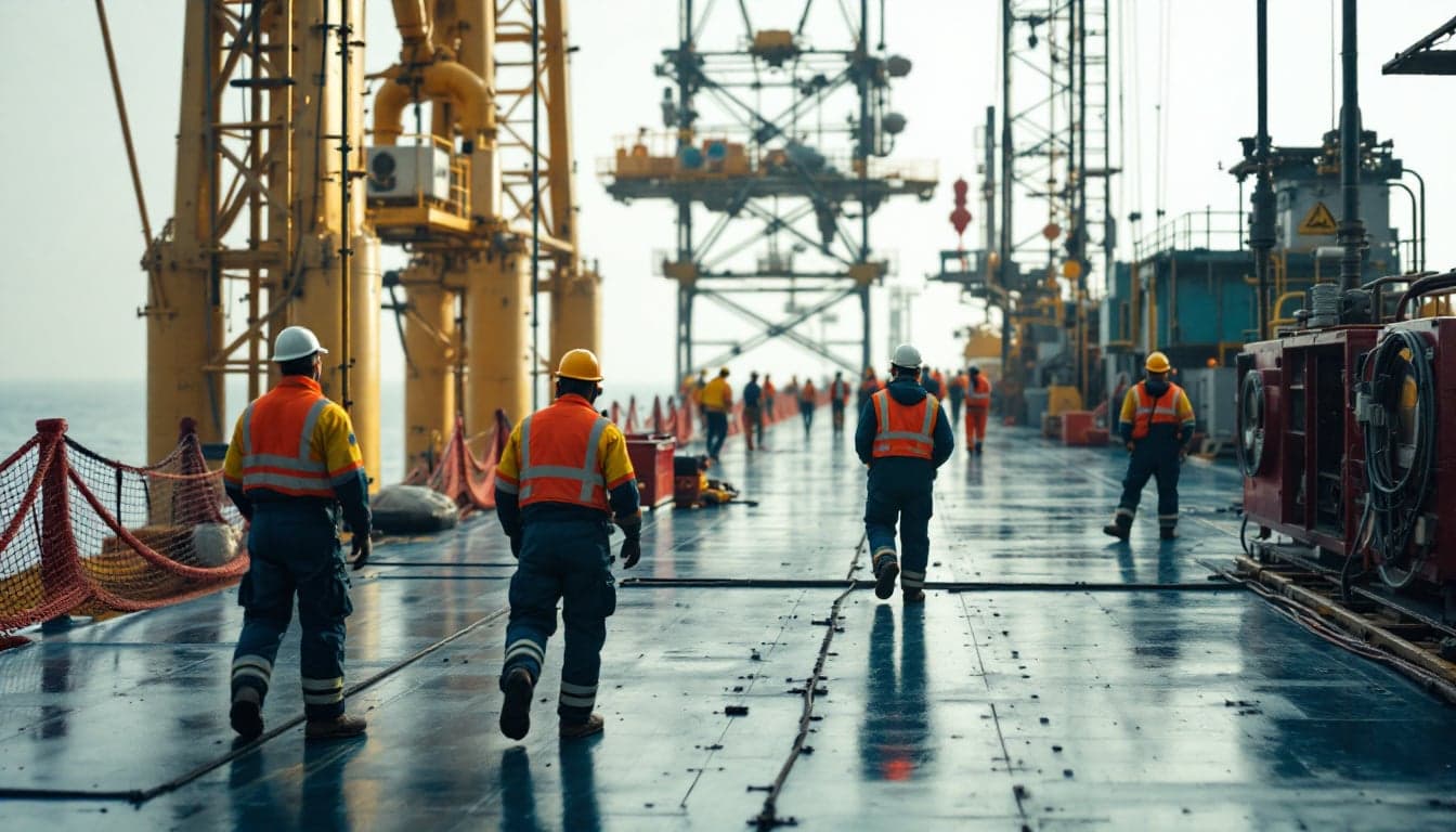Vista aérea da base de apoio offshore de Macaé, com embarcações atracadas e infraestrutura logística do polo de petróleo e gás da Bacia de Campos.