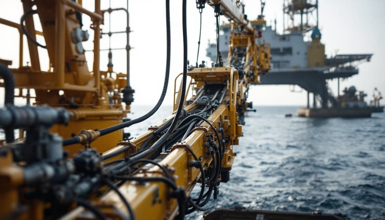 A motion-compensated gangway extending from an offshore service vessel toward a fixed offshore structure in open sea conditions.