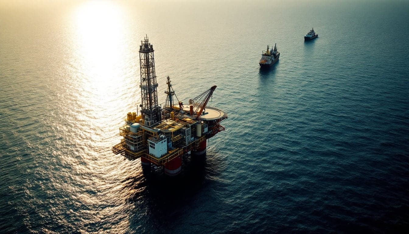 An ultra-deepwater drillship positioned over an exploration well in the South Atlantic, with calm seas and overcast skies, representing renewed major oil company exploration activity in deep African waters.