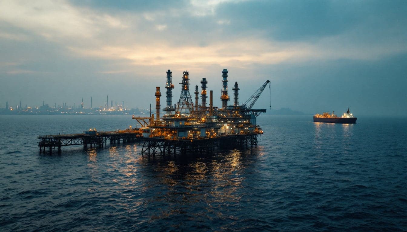 Vista aérea de uma instalação de produção de petróleo no Golfo Pérsico com estruturas industriais e tanques de armazenamento ao fundo.