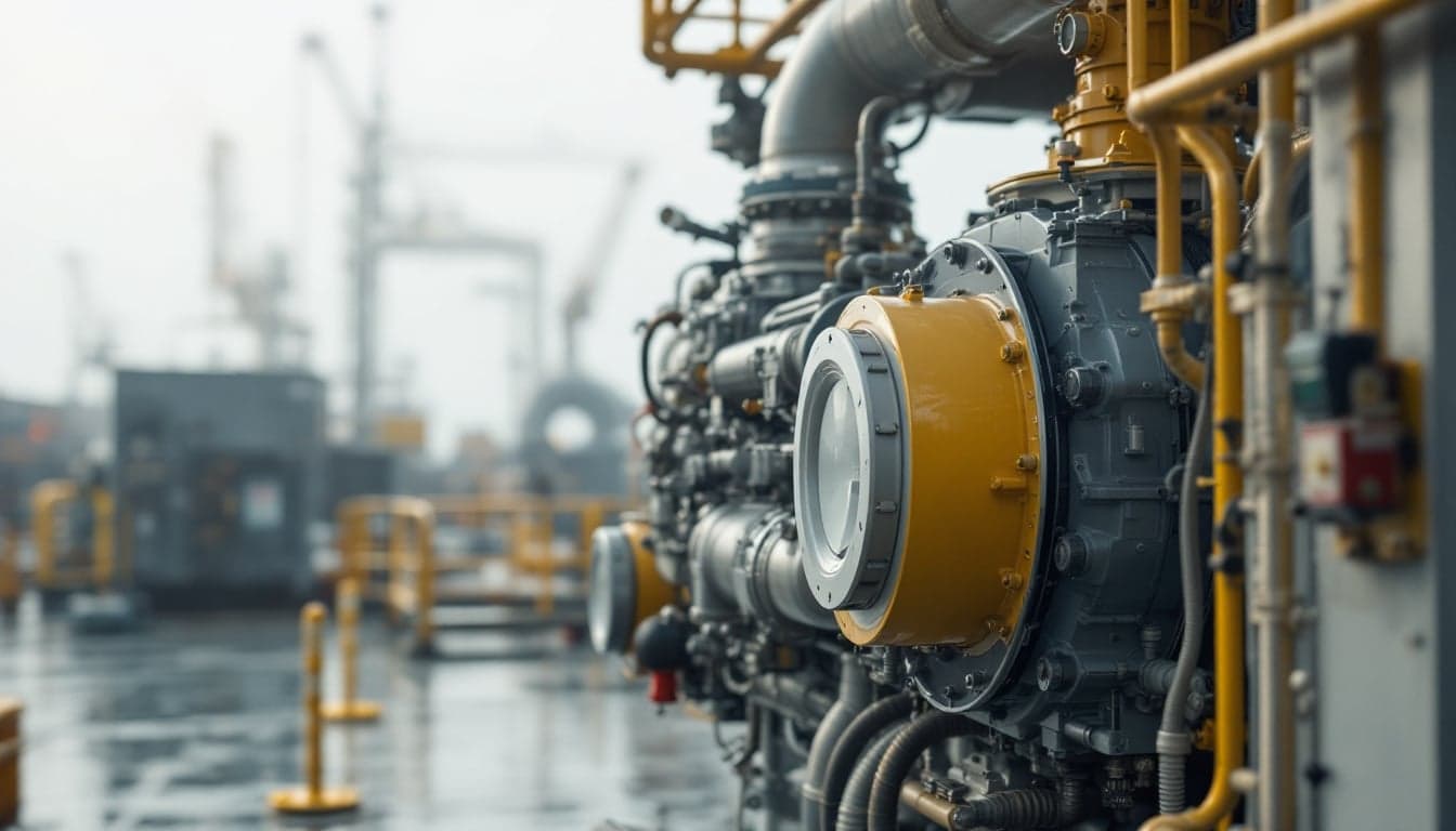 Close-up view of a large marine dual-fuel engine installation in a vessel engine room, representing ammonia-capable propulsion technology.