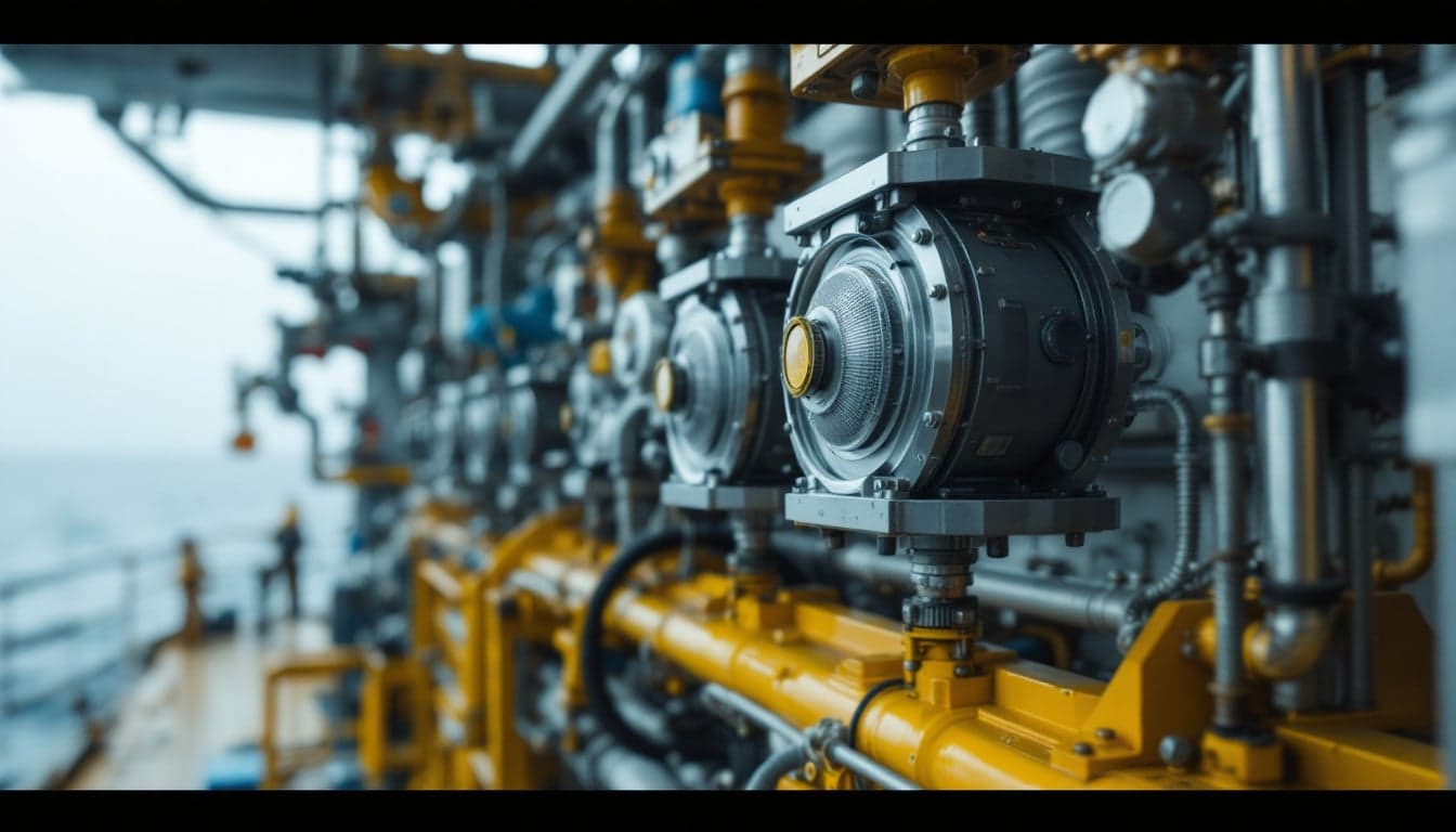Vista de convés de FPSO com equipamentos de geração de energia e módulos de processamento, representando a integração de sistemas SOFC e captura de carbono em plataformas flutuantes.