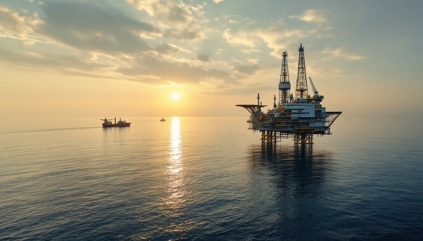 Plataforma de perfuração offshore no Mar Mediterrâneo com costa norte-africana ao fundo, representando atividade exploratória em bloco offshore da Líbia.