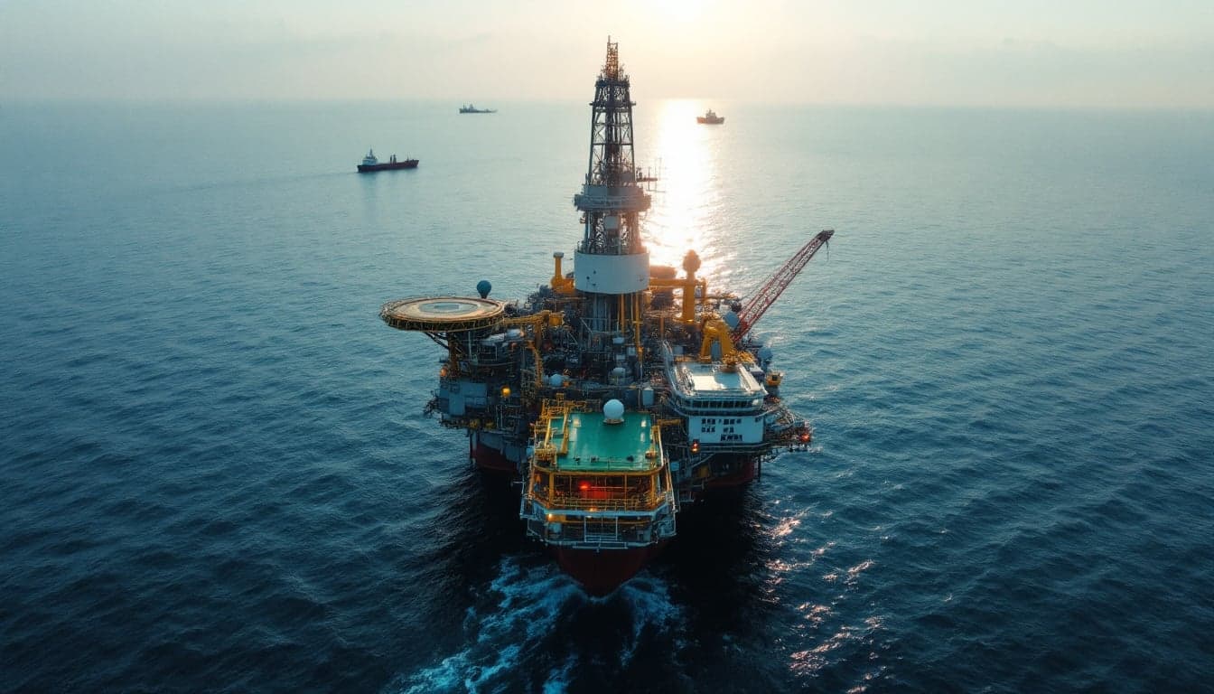 A drillship positioned over an offshore exploration well in the Atlantic Ocean, representing frontier drilling activity along the West African margin.
