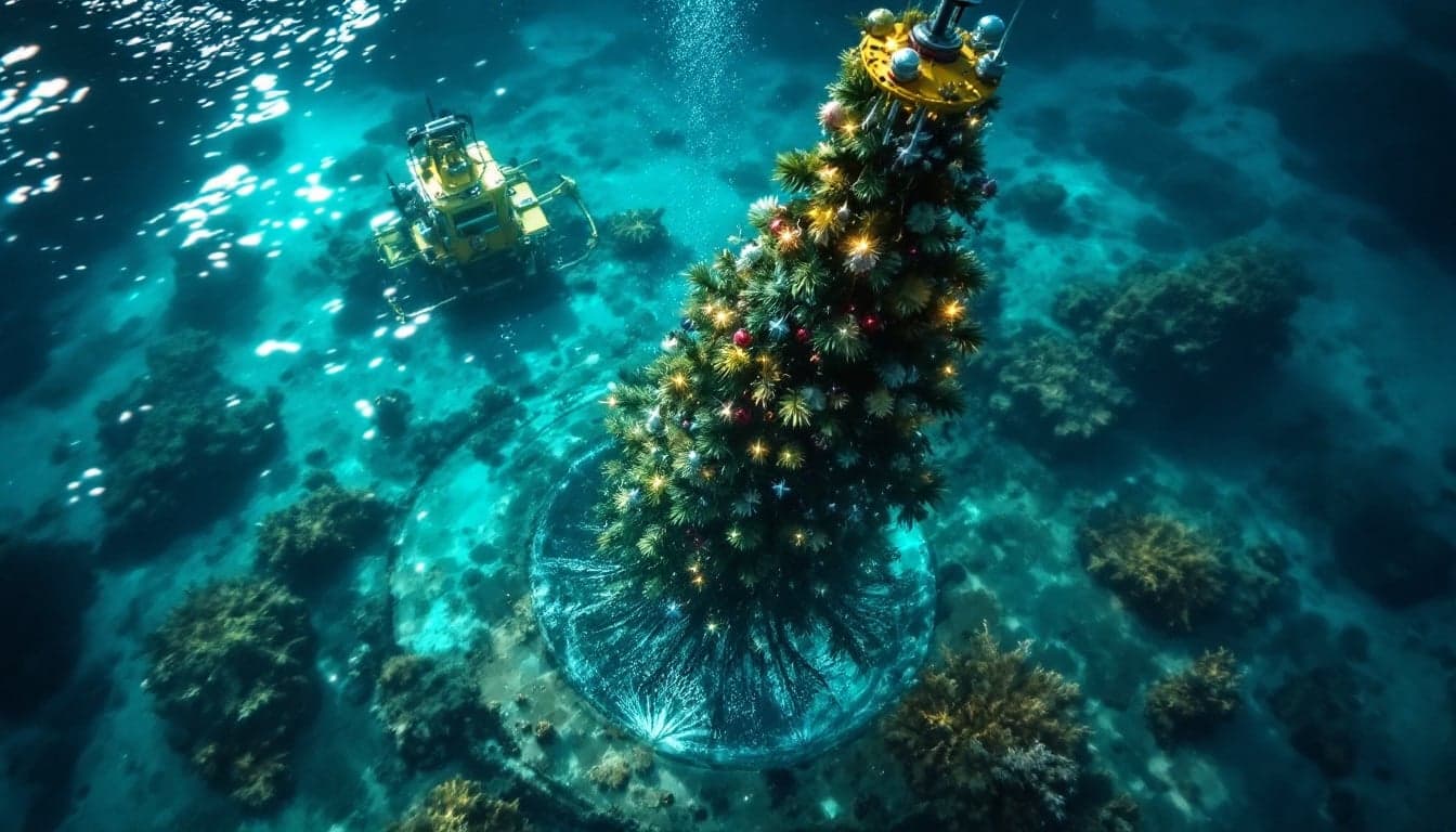 A subsea trenching vessel operating in calm offshore waters, with pipeline burial equipment deployed over the stern.