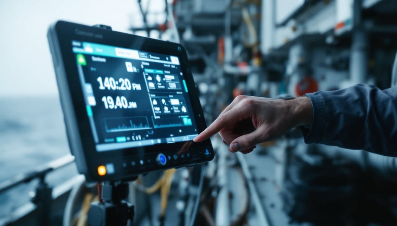 Satellite communications dome mounted on the deck of an offshore supply vessel at sea, representing maritime connectivity and cyber security certification.