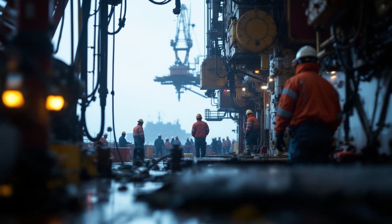 Offshore platform workers in safety gear on a North Sea installation, representing the labor negotiation that averted a production disruption in Norway.