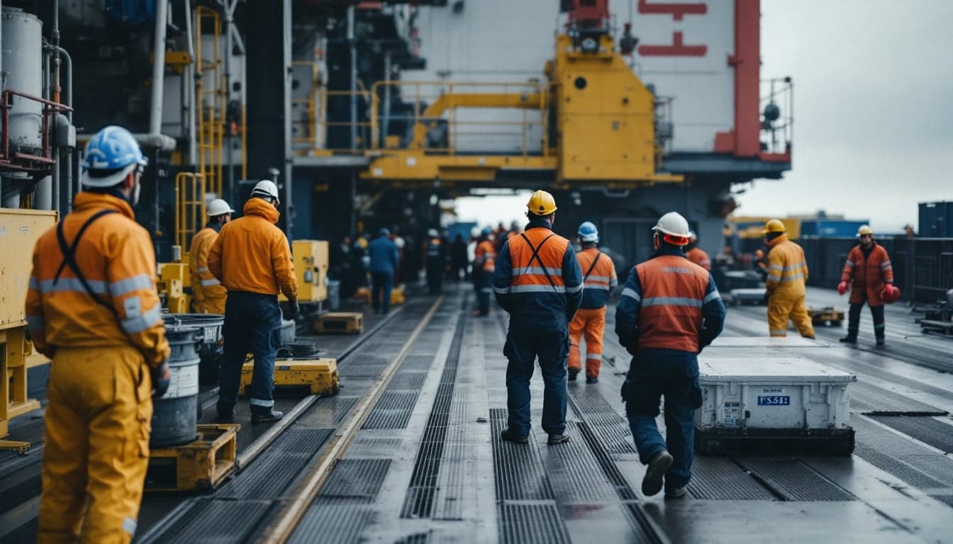 Workers handling cargo and equipment at an onshore offshore supply base dock, with supply vessels moored alongside.