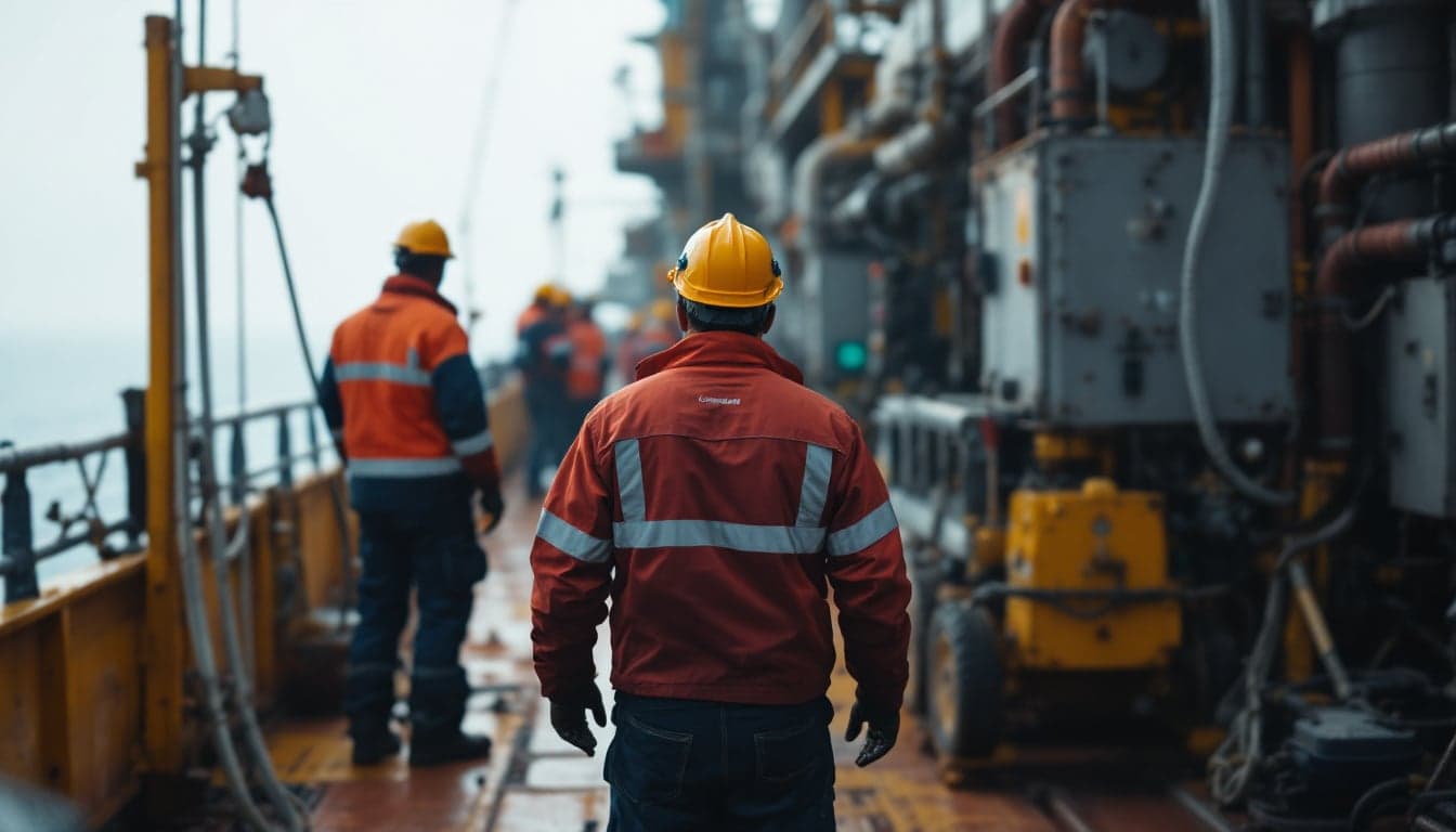 Offshore platform workers in safety gear on a North Sea installation, representing the well services workforce at the center of the Norwegian labor dispute.