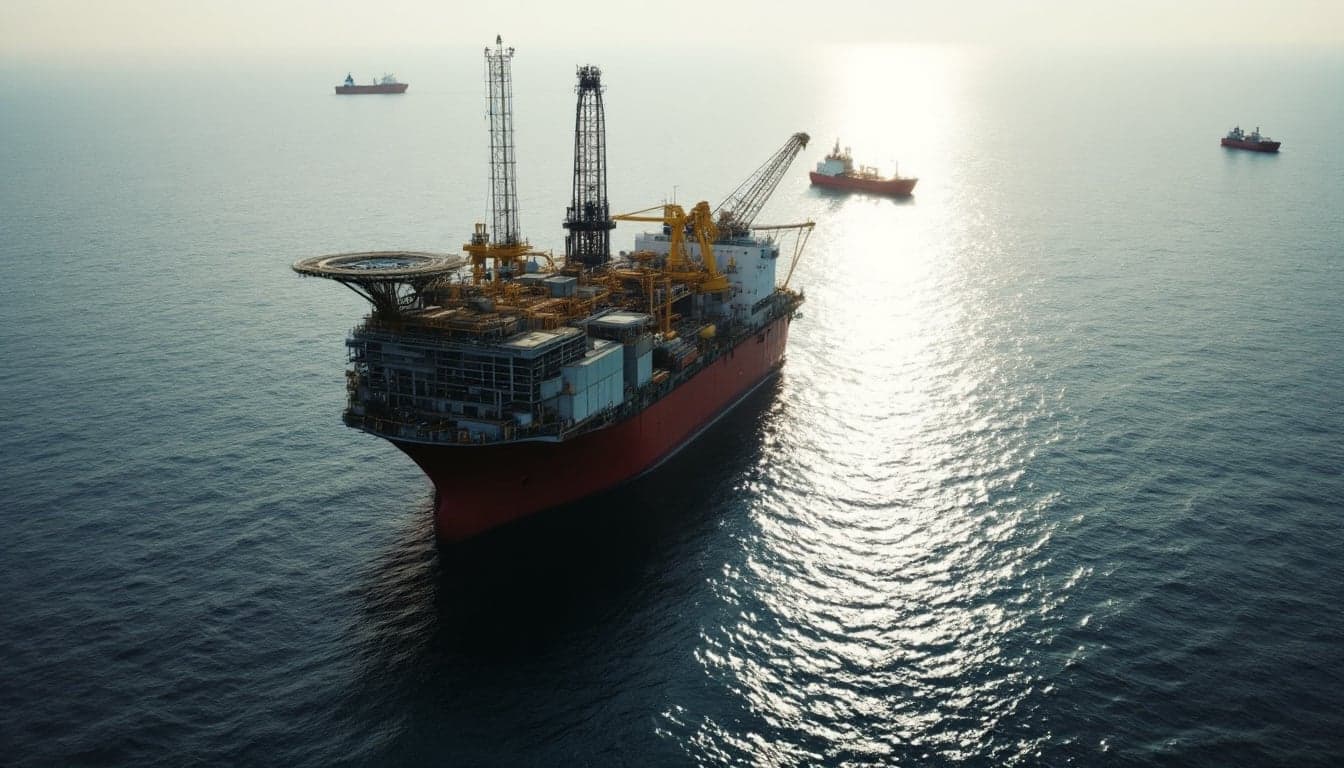 An offshore drilling vessel operating on the Norwegian continental shelf during an exploration campaign, with calm seas and overcast Nordic skies.
