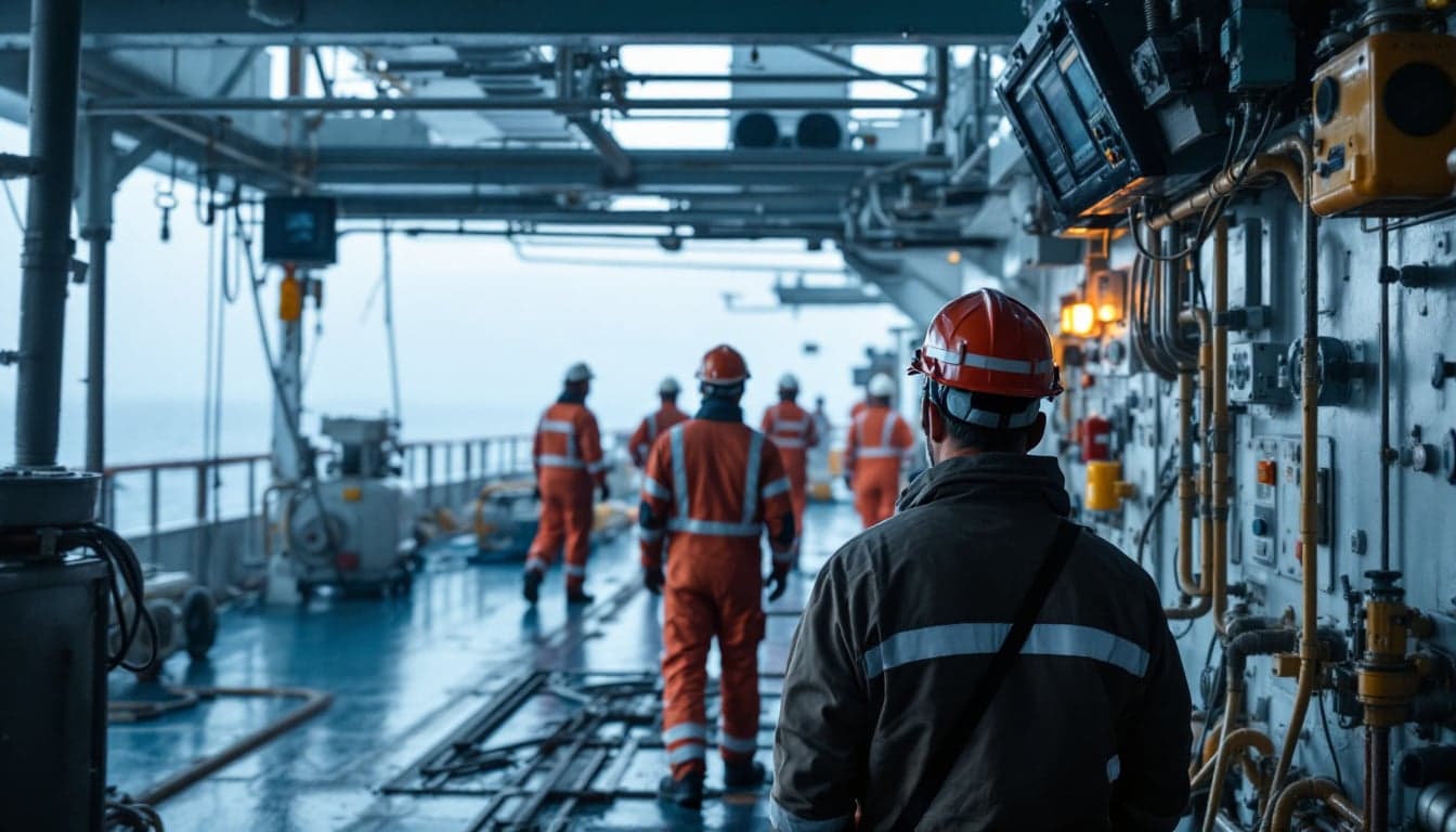 Offshore worker reviewing digital training records on a tablet aboard an FPSO, representing the shift toward automated competence credentialing systems.