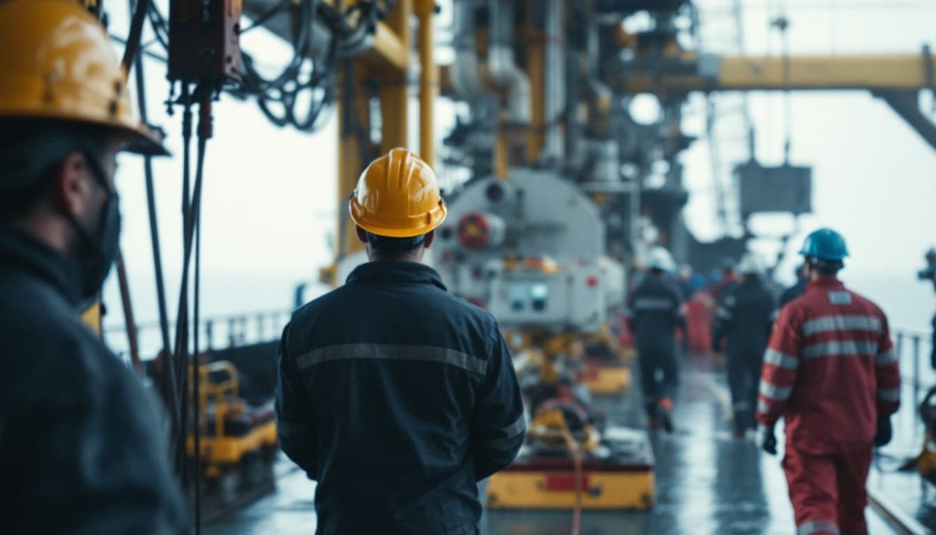 Offshore drilling rig crew members on the deck of a platform in the North Sea, representing the workforce at the center of Norway's recent wage negotiation.