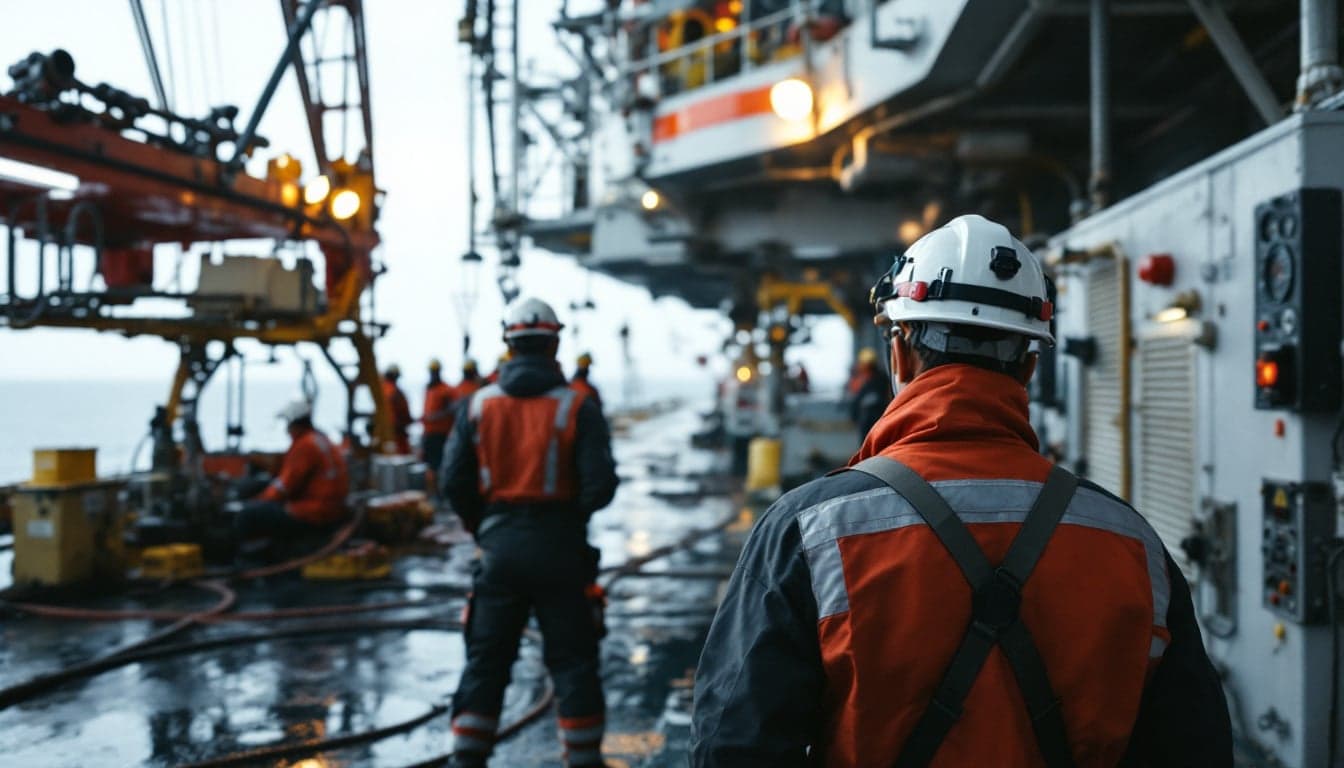 An offshore transport helicopter approaching a North Sea platform helideck during a routine crew rotation operation.
