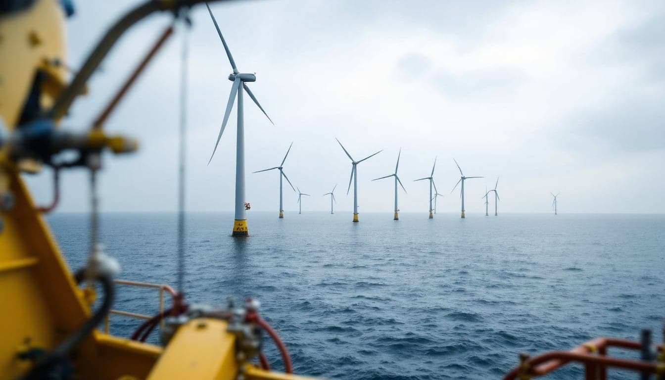 A service operation vessel positioned alongside an offshore wind turbine structure, with crew transfer equipment visible on the vessel deck.