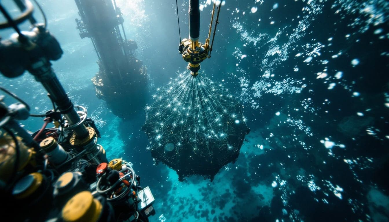 Embarcação de instalação subsea operando em águas profundas com sistema de lançamento de umbilicais e risers flexíveis visível na popa.
