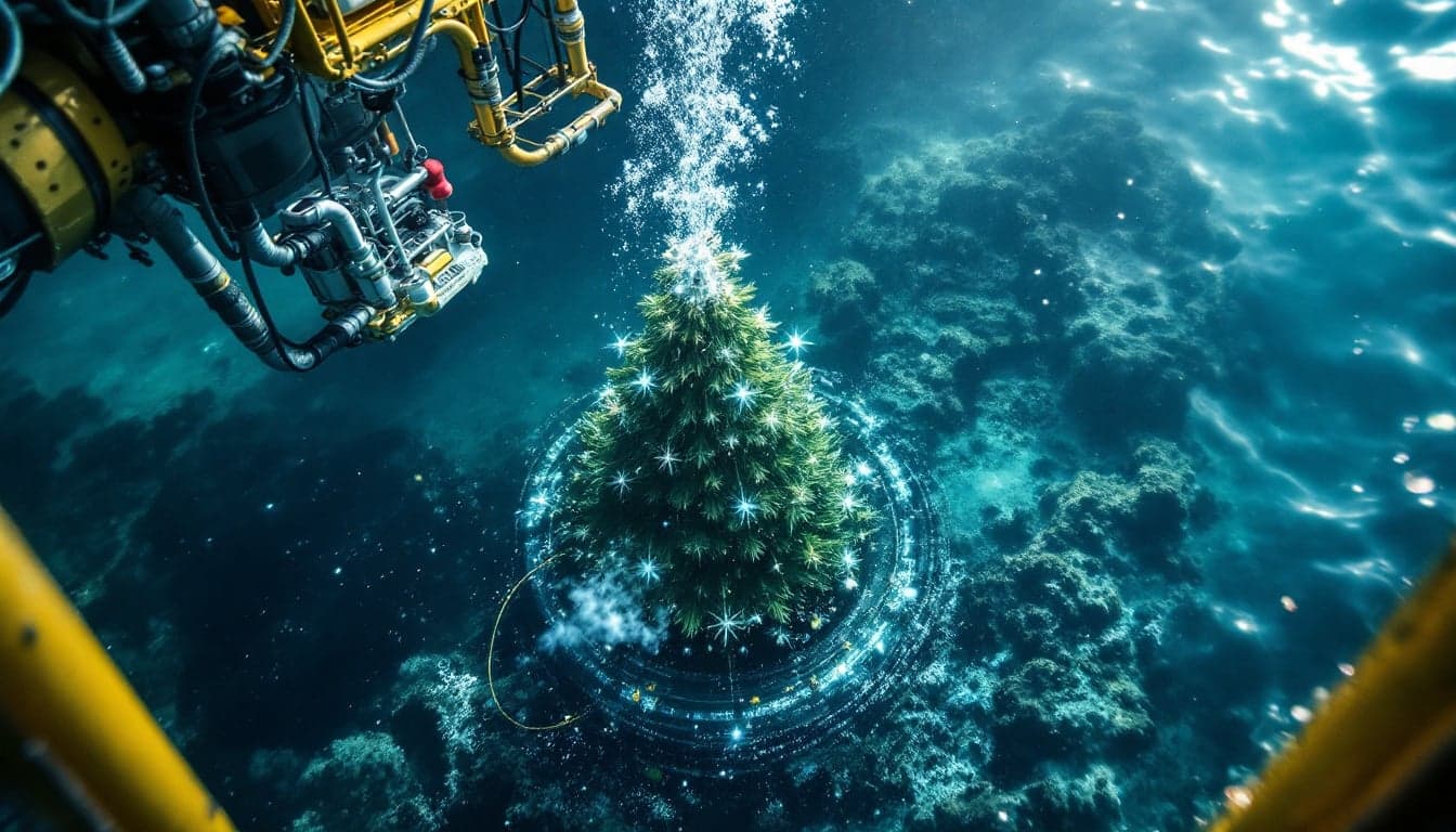 ROV work class sendo operado em ambiente submarino de águas profundas, representando serviços de intervenção submarina no offshore brasileiro.