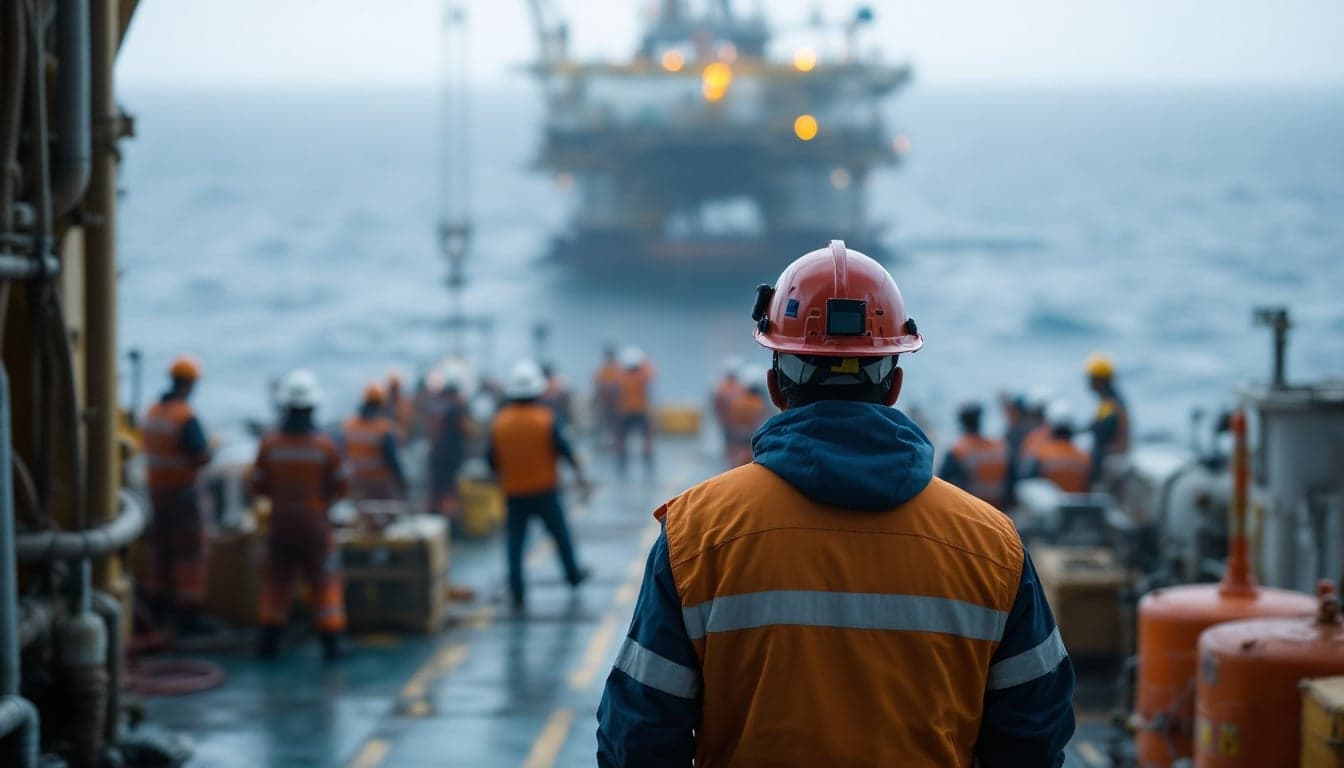 Offshore workers in PPE on the deck of an FPSO vessel, reviewing technical documentation against a backdrop of production equipment.