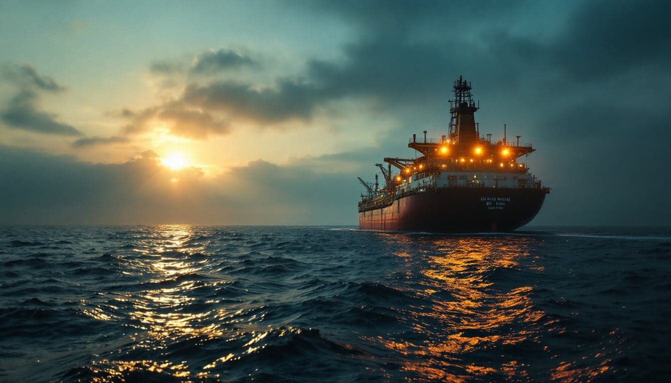 Aerial view of an oil containment boom deployed along a coastline following an offshore oil spill, with response vessels visible in the water.