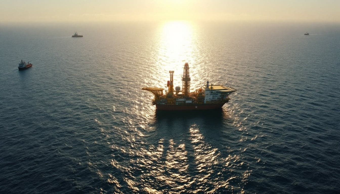 Aerial view of an onshore oil exploration site in a North African desert basin, with drilling equipment visible against an arid landscape.