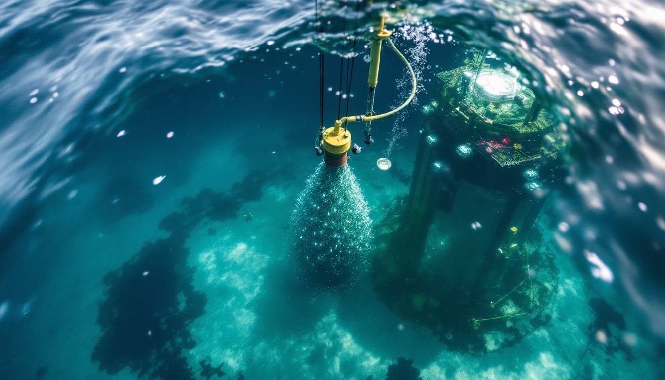A subsea production tree being lowered into deepwater during an offshore installation operation, representative of the equipment scope awarded to OneSubsea for the Rovuma LNG project.