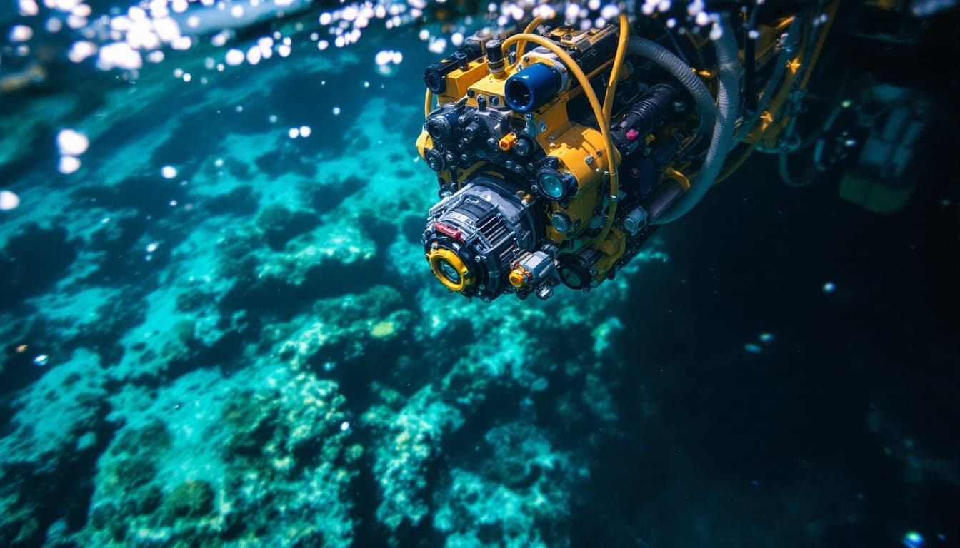 A large-diameter subsea controls umbilical being spooled onto a reel on an offshore installation vessel, with open ocean in the background.