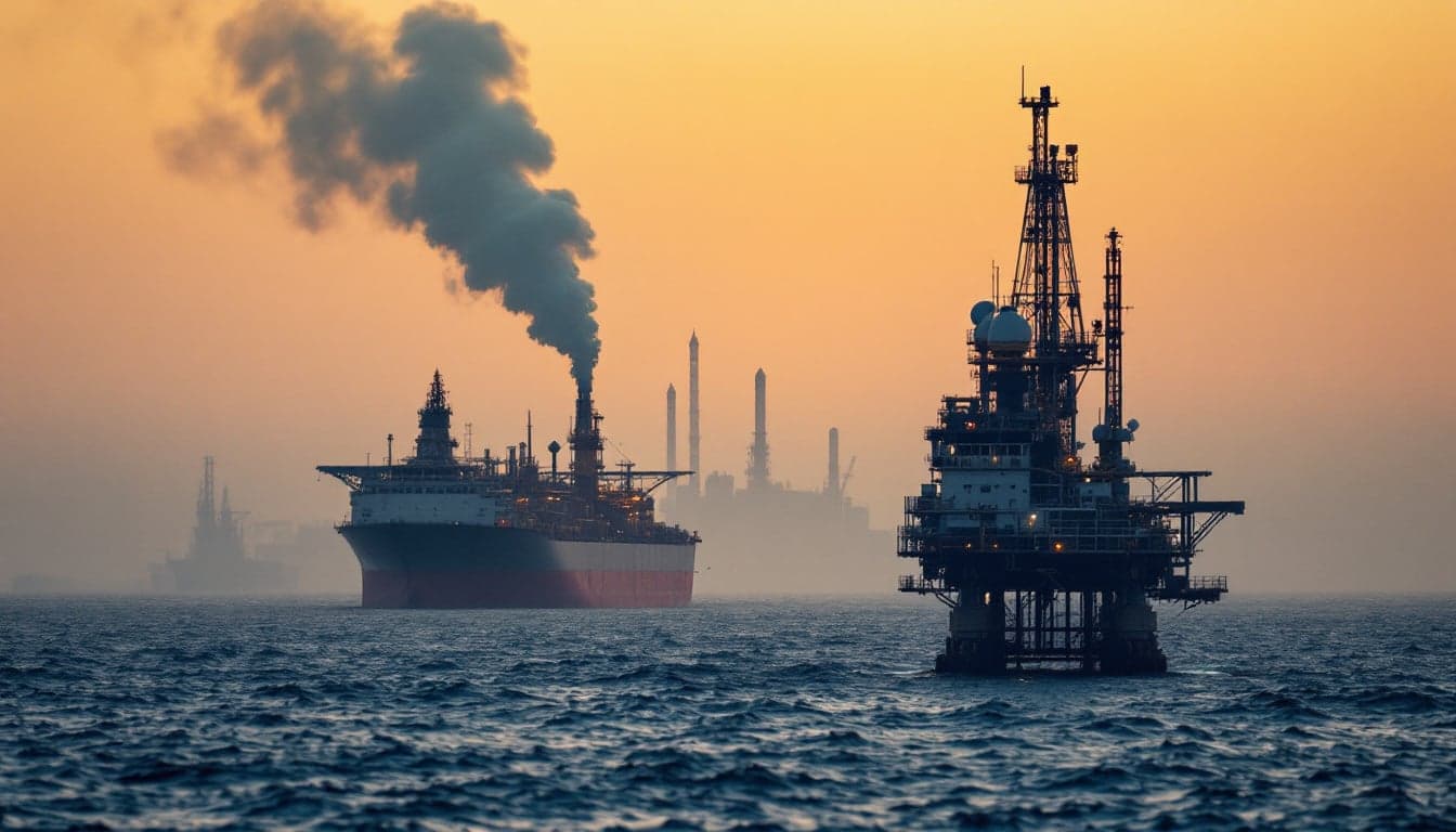 A damaged oil tanker listing in open water with a naval vessel visible in the background, representing maritime escalation in the Persian Gulf.