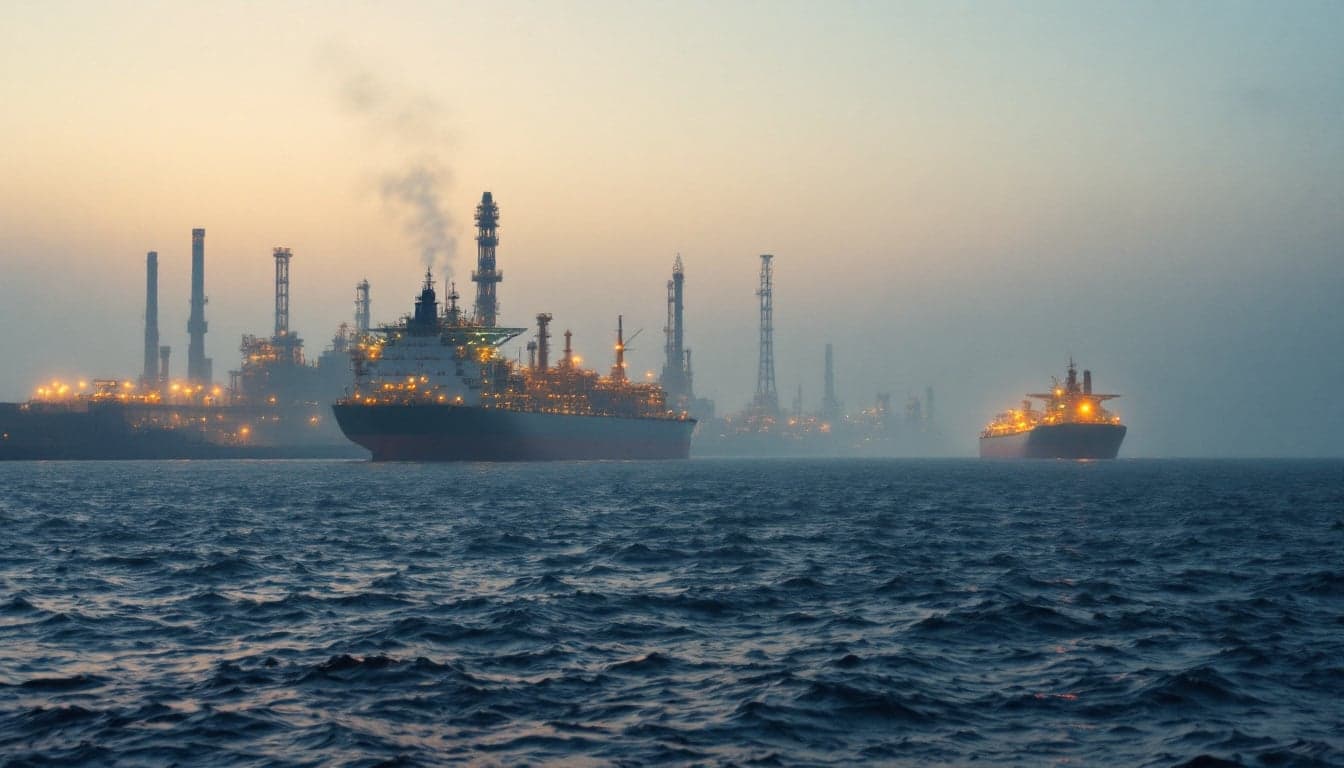 An LNG carrier transiting a major maritime chokepoint, representing the supply route disruptions affecting prompt cargo pricing in Asian and South Asian markets.