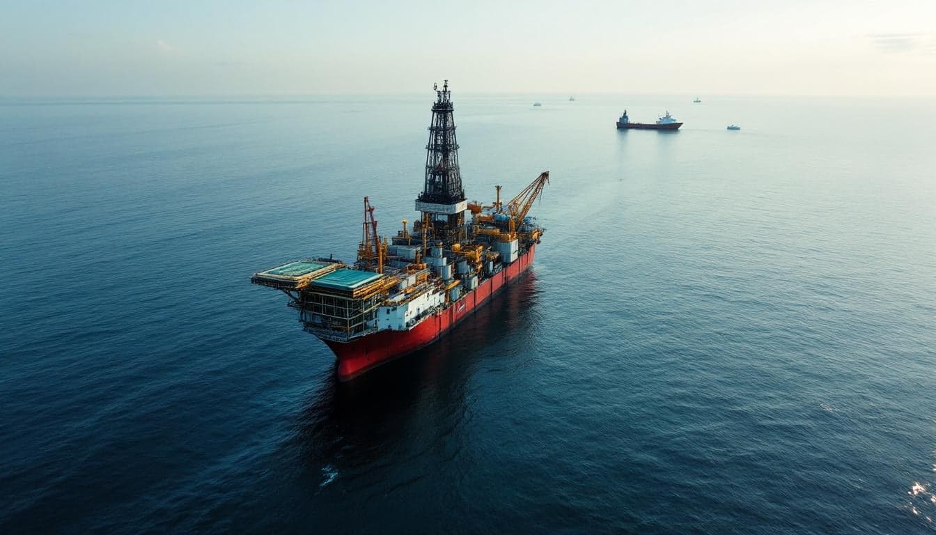 Plataforma de perfuração offshore operando na Bacia de Santos, com o horizonte do Atlântico Sul ao fundo, representando a atividade exploratória de pré-sal no Brasil.