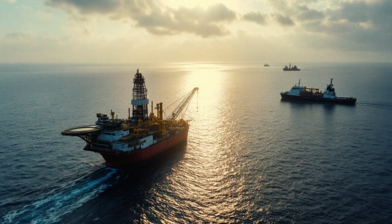 An offshore drilling vessel operating in tropical Atlantic waters, representative of deepwater exploration activity in the Guiana-Suriname Basin.