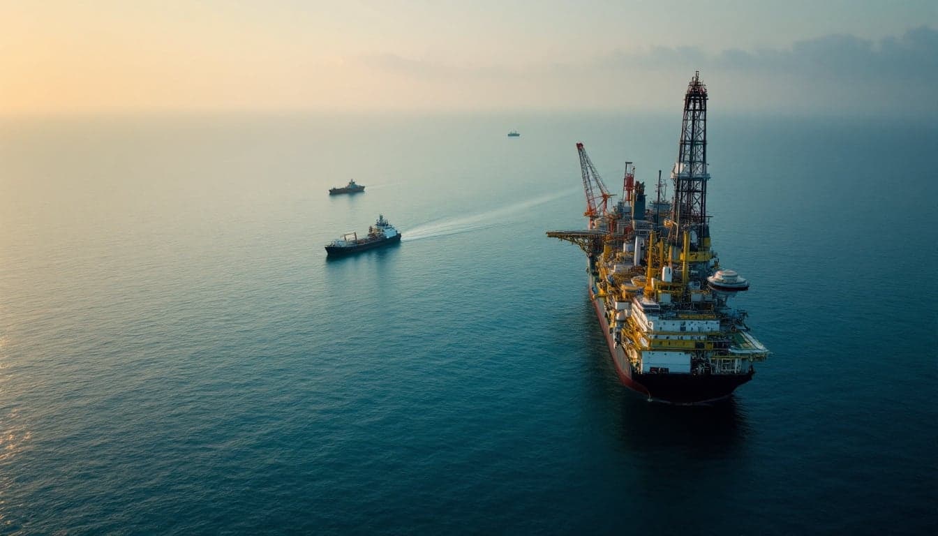 Offshore drilling vessel operating in deepwater conditions off the northern coast of South America, representing exploration activity in the Suriname offshore basin.
