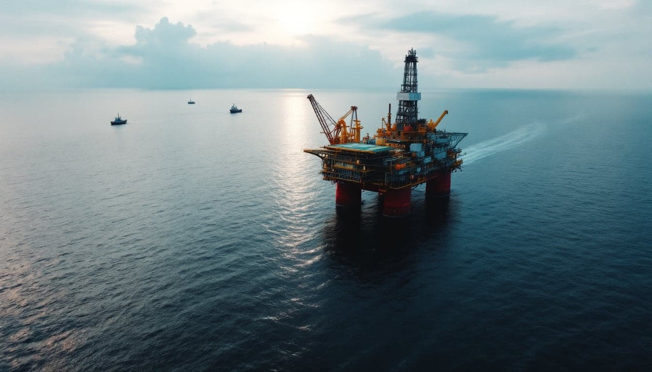 A deepwater drilling vessel operating offshore in the South American Atlantic, with calm seas and an overcast sky, representing exploration activity along the Guiana Shield margin.