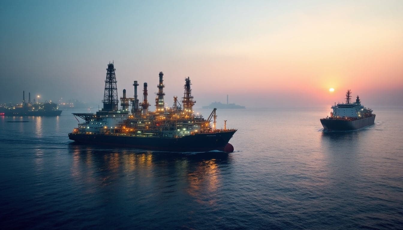 Vista aérea de um navio-tanque de petróleo navegando em águas do Oriente Médio, representando o impacto geopolítico sobre o mercado global de petróleo.