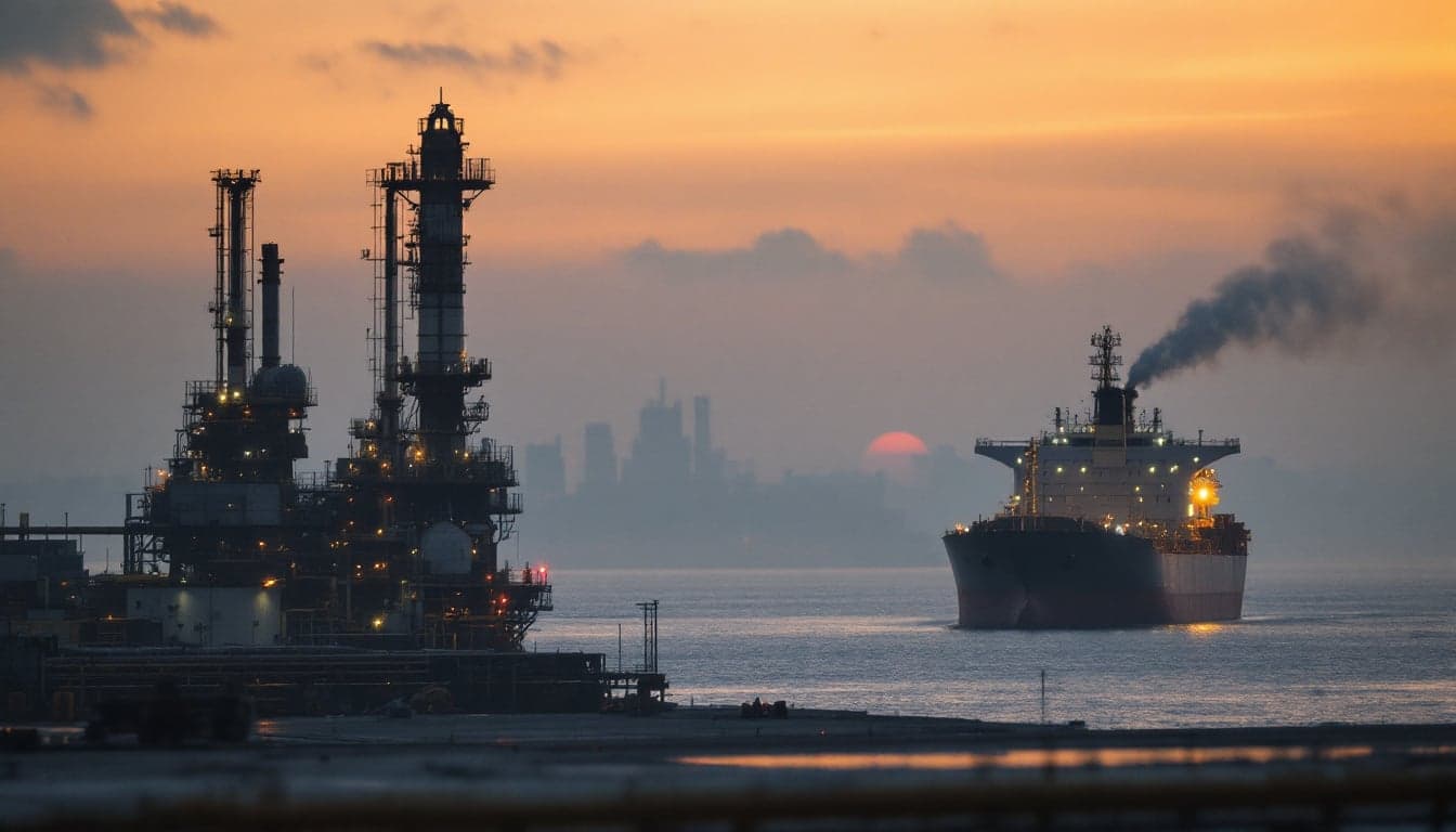 Vista aérea de terminal de exportação de petróleo bruto americano com navios-tanque atracados, ilustrando o debate sobre restrições às exportações de óleo dos EUA.